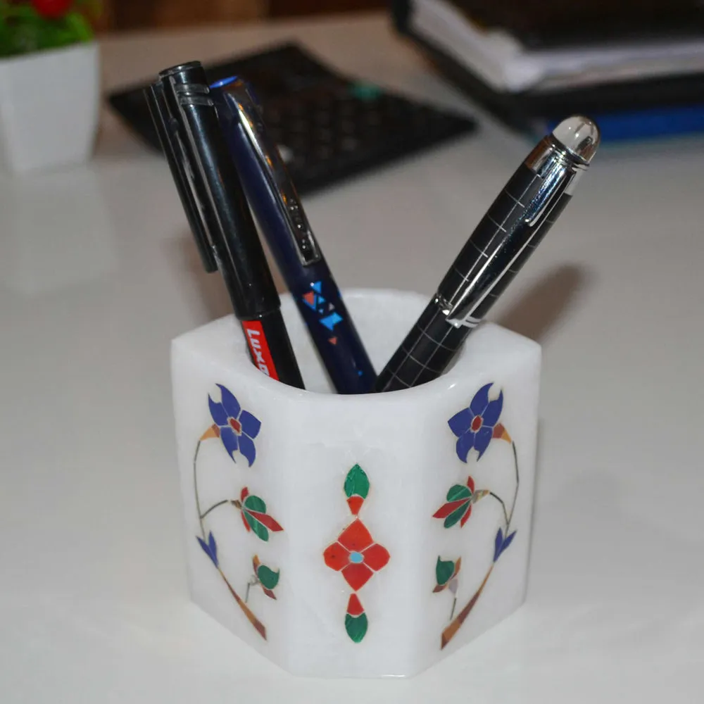 Elegant Red Bloomed Flower Marble Pen Stand