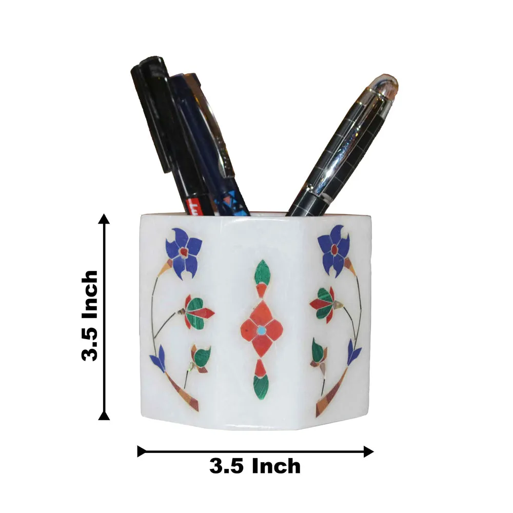 Elegant Red Bloomed Flower Marble Pen Stand
