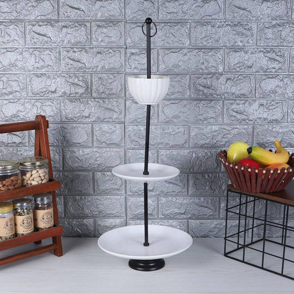 Elegant White 3 Tier Ceramic Platter With Bowl
