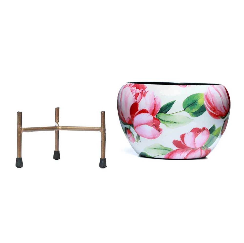 Elegant White Floral and Gold Toned Resilient Metal Pot Stand Set Of 1 Single Piece