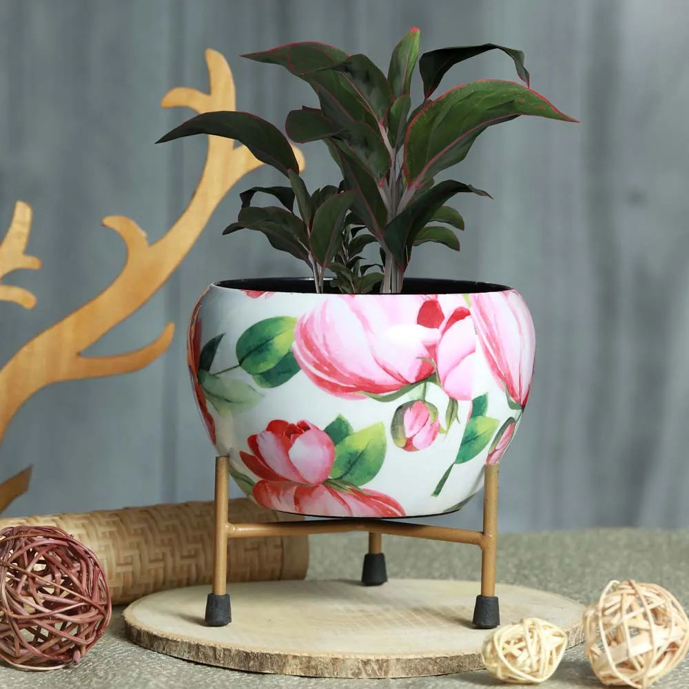 Elegant White Floral and Gold Toned Resilient Metal Pot Stand Set Of 1 Single Piece