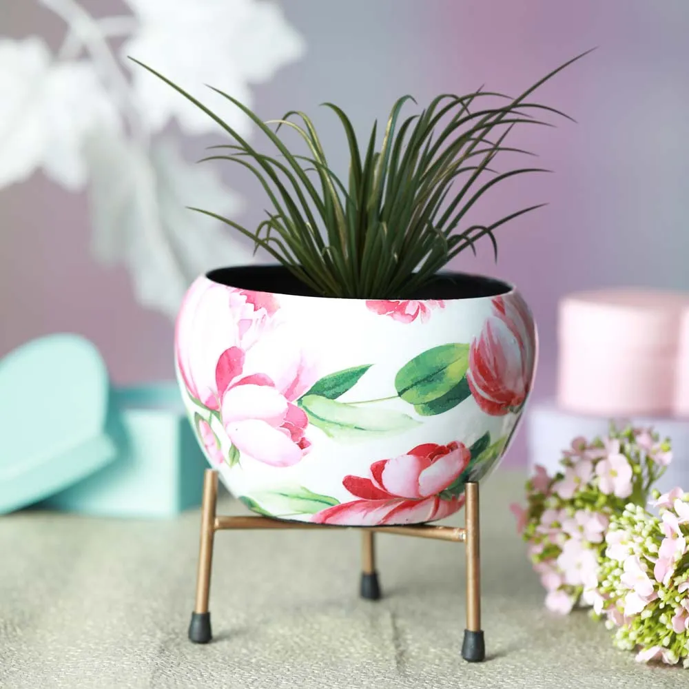 Elegant White Floral and Gold Toned Resilient Metal Pot Stand Set Of 1 Single Piece
