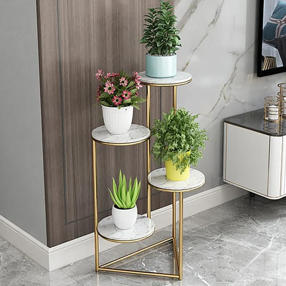 Elegant White Round Marble Top Sturdy Metal Planter Stand- 4 Tier