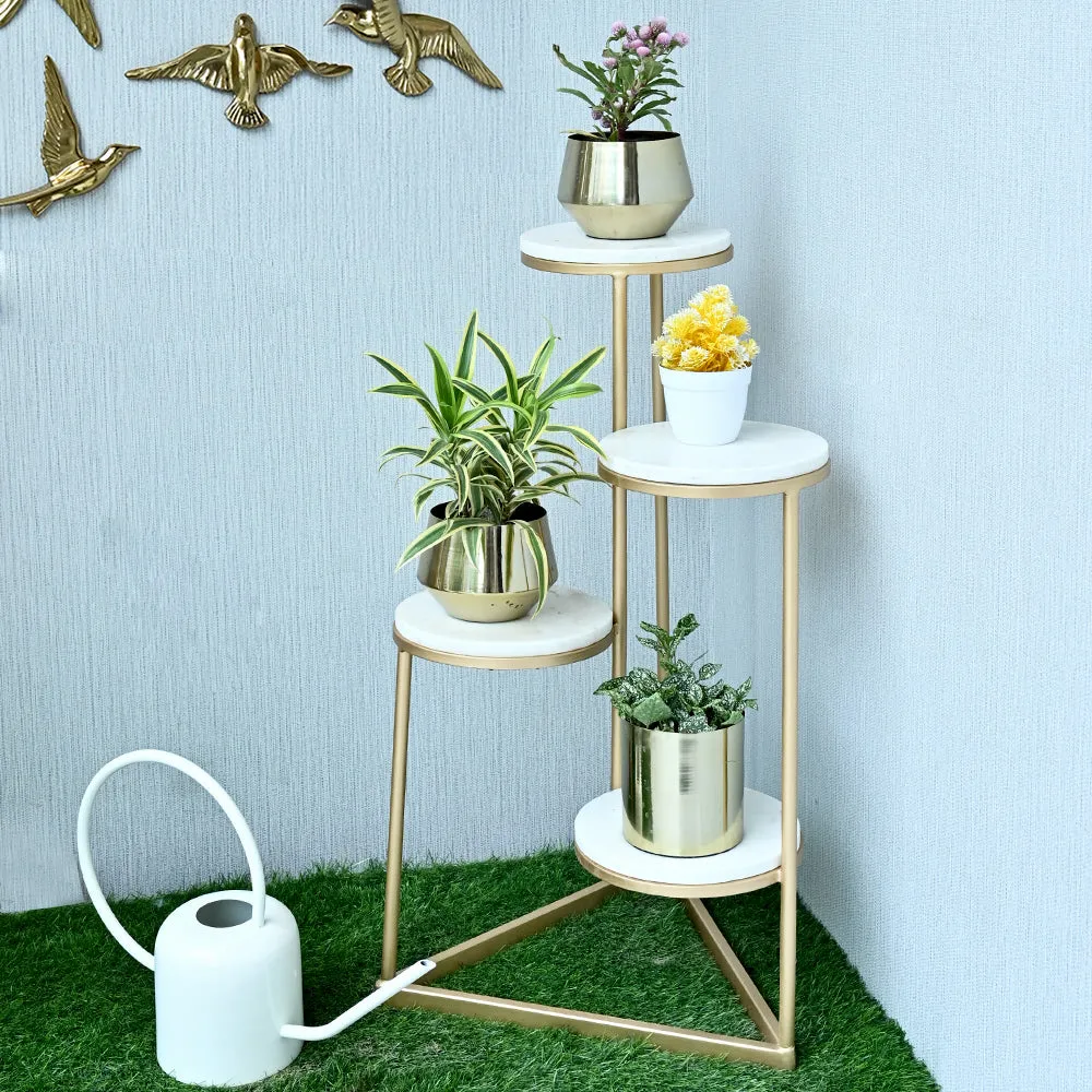 Elegant White Round Marble Top Sturdy Metal Planter Stand- 4 Tier