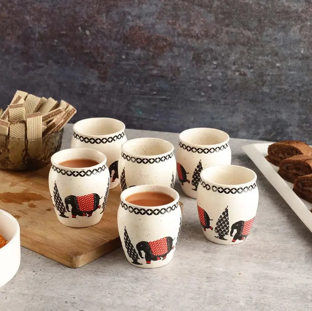 Elephant Printed Ethnic Handmade & Handprinted Ceramic Chai Kullad Set Of 6