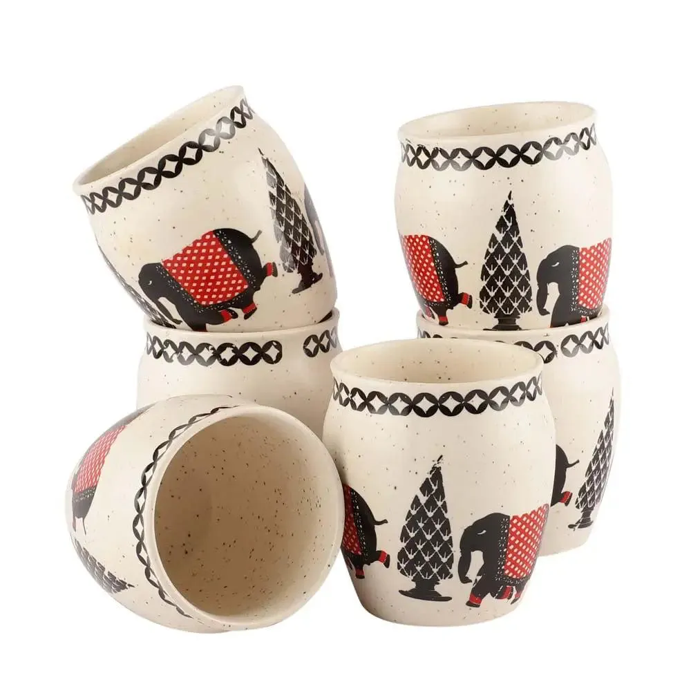 Elephant Printed Ethnic Handmade & Handprinted Ceramic Chai Kullad Set Of 6