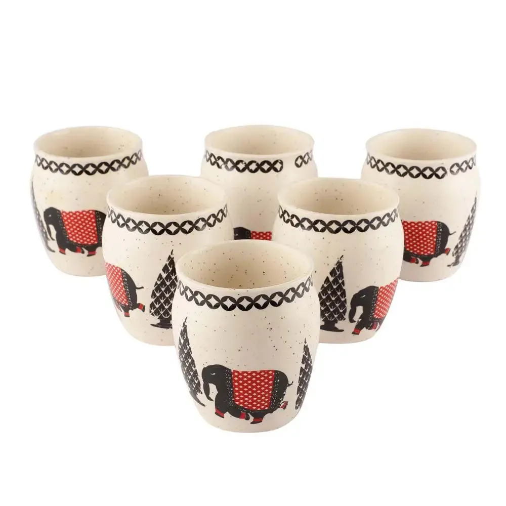 Elephant Printed Ethnic Handmade & Handprinted Ceramic Chai Kullad Set Of 6