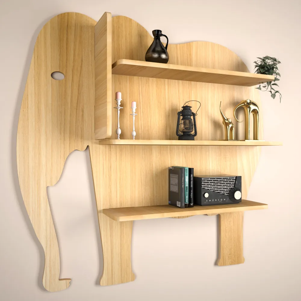 Elephant Shape Wood Wall Shelf / Book Shelf, Light oak Finish Regular ( 32 inches x 31 inches )