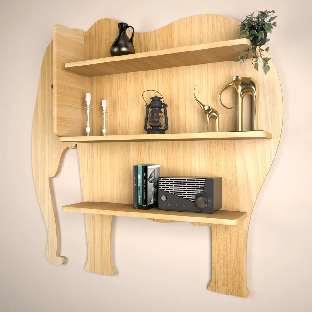 Elephant Shape Wood Wall Shelf / Book Shelf, Light oak Finish Regular ( 32 inches x 31 inches )