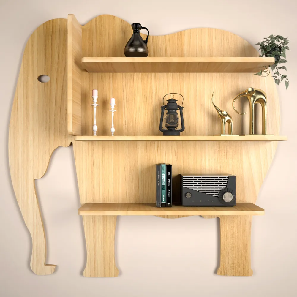 Elephant Shape Wood Wall Shelf / Book Shelf, Light oak Finish Regular ( 32 inches x 31 inches )
