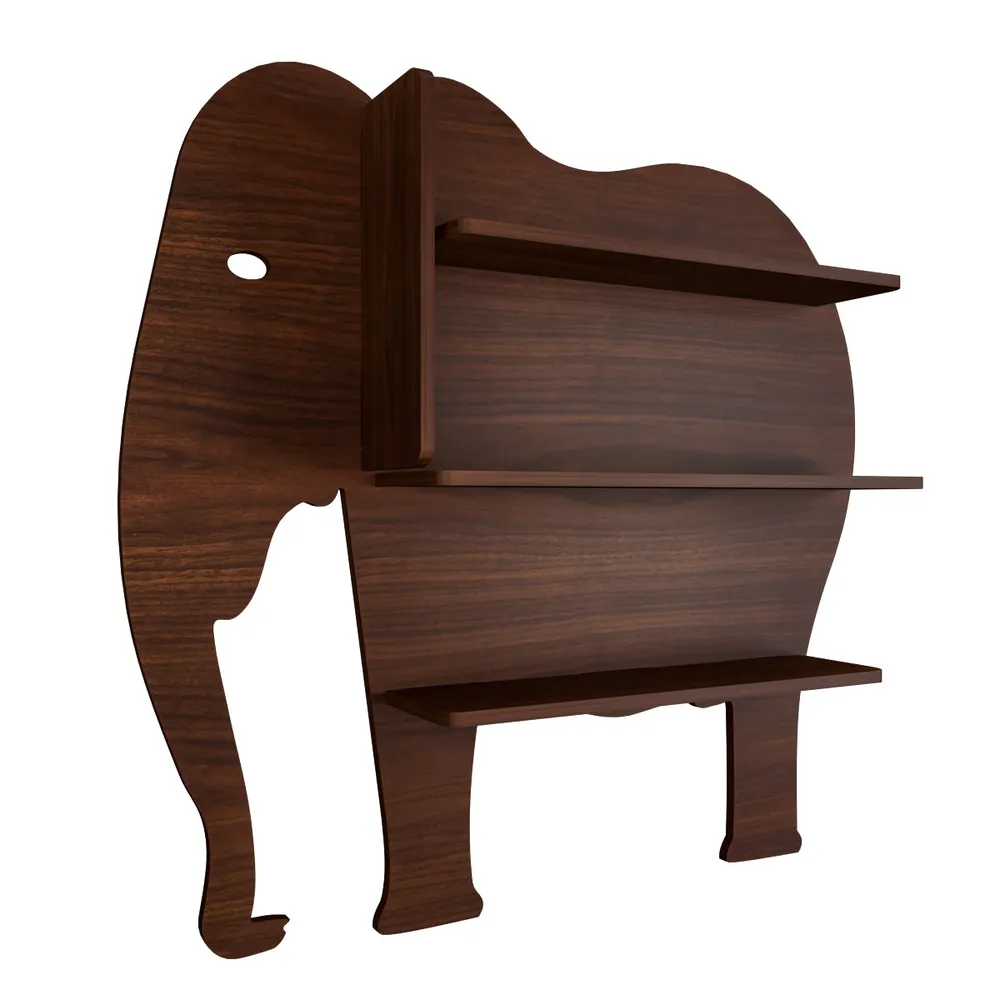Elephant Shape Wood Wall Shelf / Book Shelf, Walnut Finish Regular ( 32 inches x 31 inches )