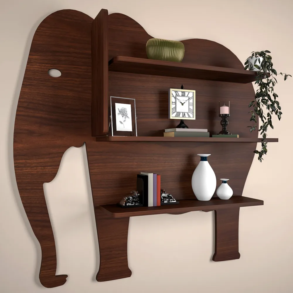 Elephant Shape Wood Wall Shelf / Book Shelf, Walnut Finish Regular ( 32 inches x 31 inches )