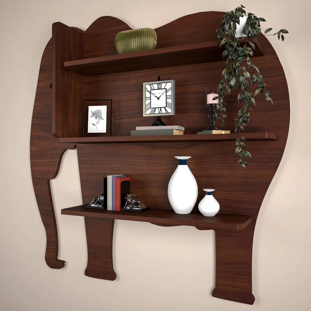 Elephant Shape Wood Wall Shelf / Book Shelf, Walnut Finish Regular ( 32 inches x 31 inches )