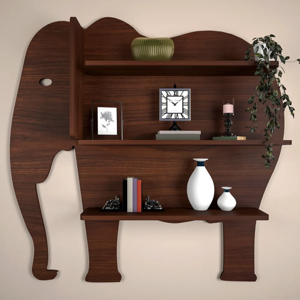 Elephant Shape Wood Wall Shelf / Book Shelf, Walnut Finish Regular ( 32 inches x 31 inches )