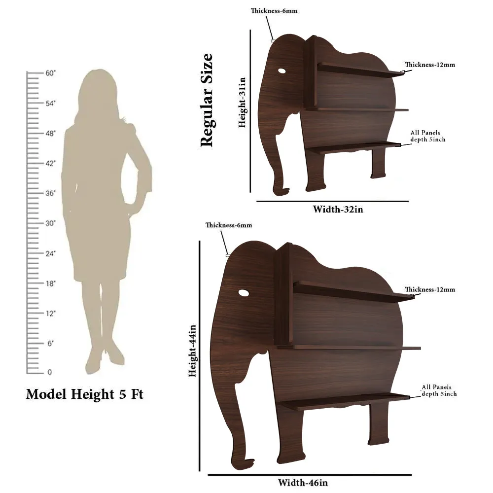 Elephant Shape Wood Wall Shelf / Book Shelf, Walnut Finish Regular ( 32 inches x 31 inches )