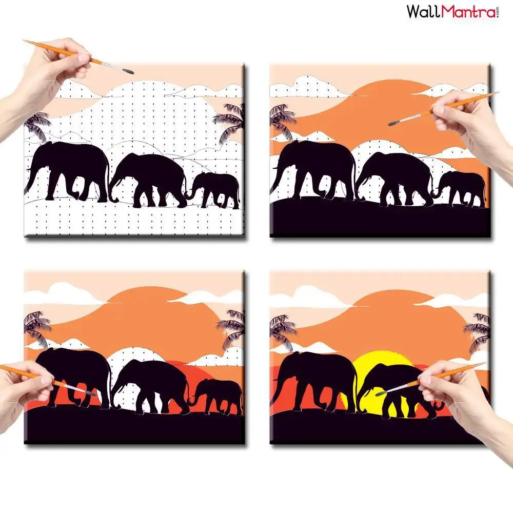 Elephant Sunset Scenery Colourful DIY(Do-It-Yourself)/ Paint by numbers canvas painting kit