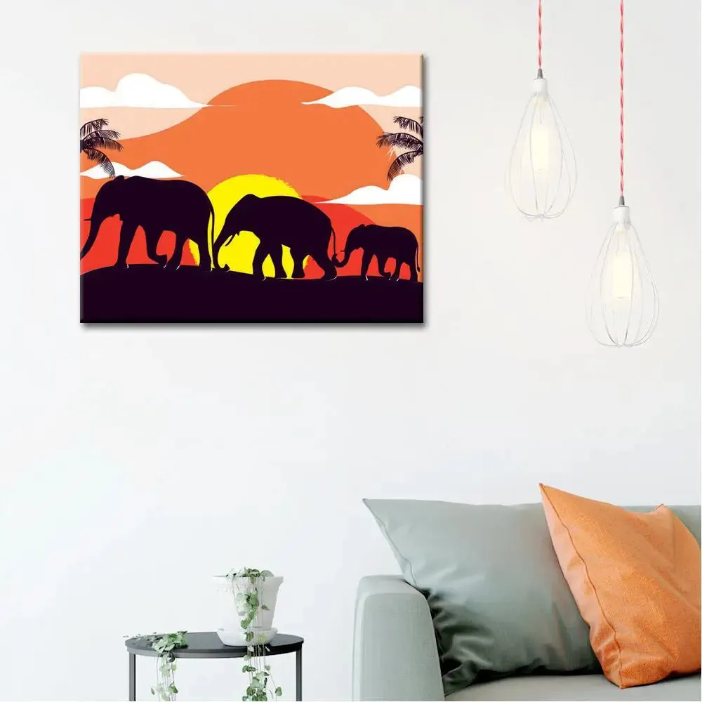 Elephant Sunset Scenery Colourful DIY(Do-It-Yourself)/ Paint by numbers canvas painting kit