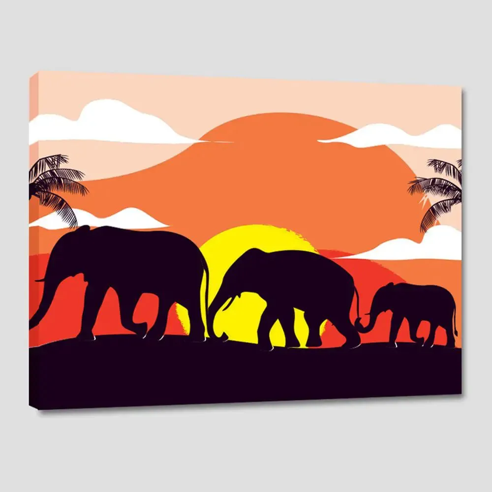 Elephant Sunset Scenery Colourful DIY(Do-It-Yourself)/ Paint by numbers canvas painting kit