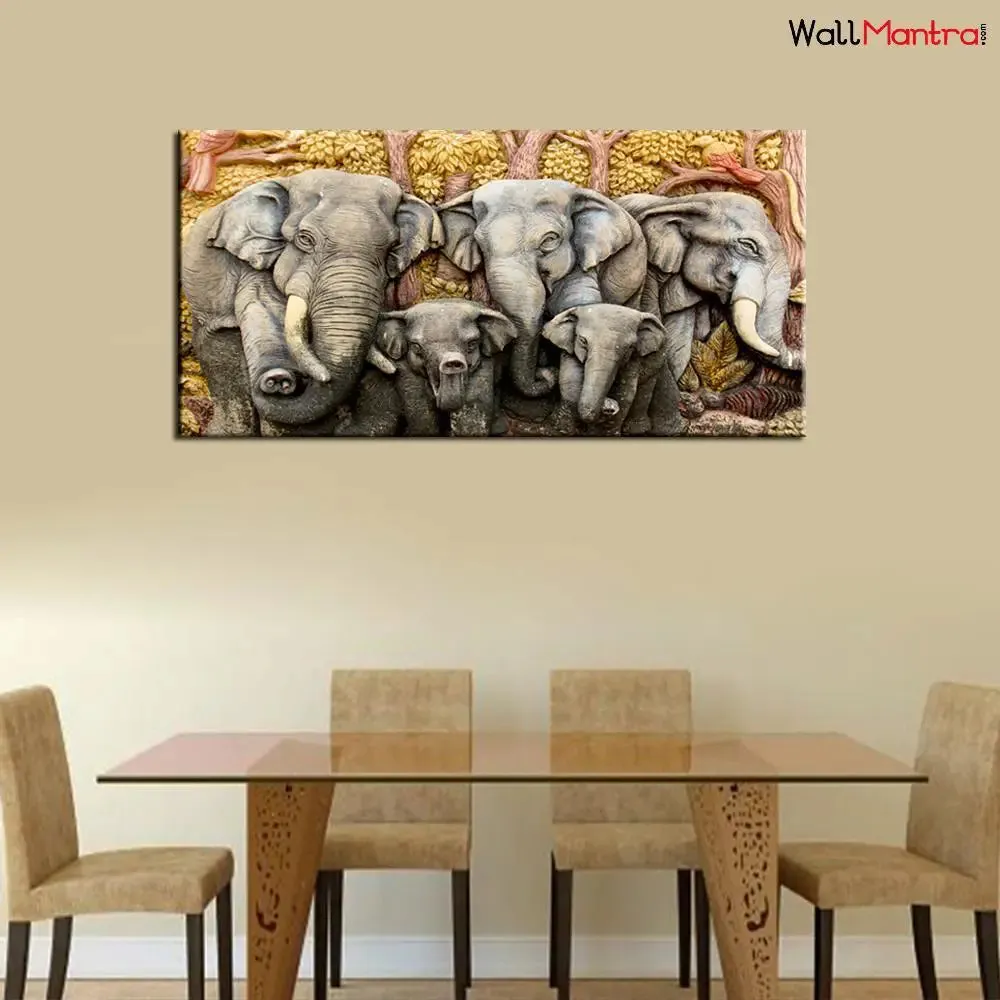 Elephants 3D Art Big Panoramic Canvas  Wall Hanging With Wood Frame