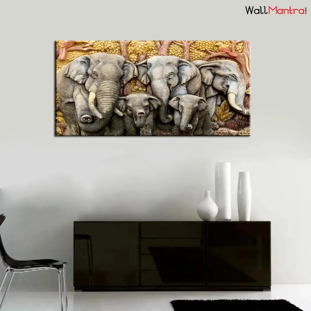 Elephants 3D Art Big Panoramic Canvas  Wall Hanging With Wood Frame