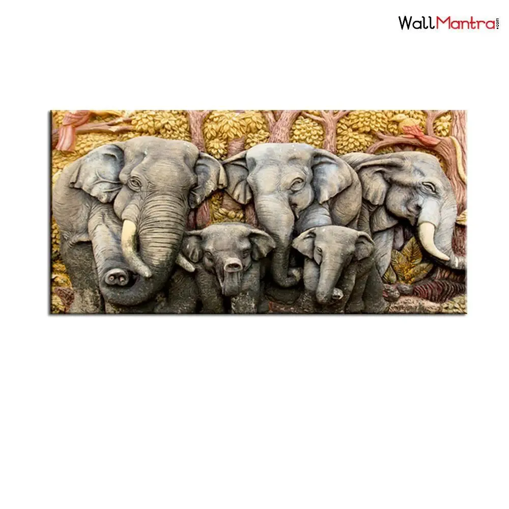 Elephants 3D Art Big Panoramic Canvas  Wall Hanging With Wood Frame