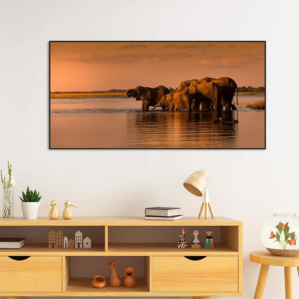 Elephants Along Chobe River During Sunset Canvas Art / Wildlife Painting With Floating Frame