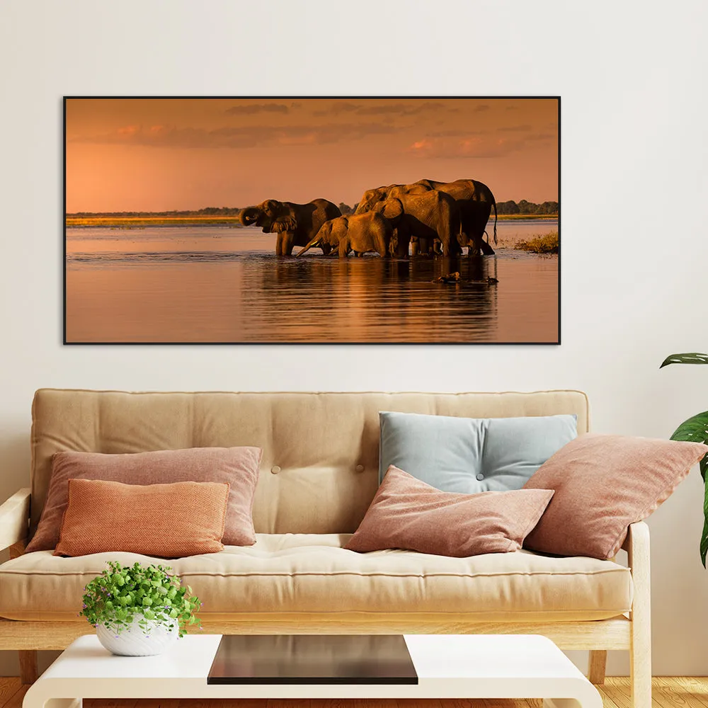 Elephants Along Chobe River During Sunset Canvas Art / Wildlife Painting With Floating Frame