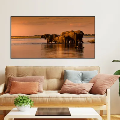 Elephants Along Chobe River During Sunset Canvas Art / Wildlife Painting