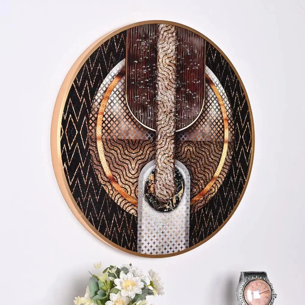 Elite Abstract Circular Crystal Glass Art Wall Painting- Golden Frame