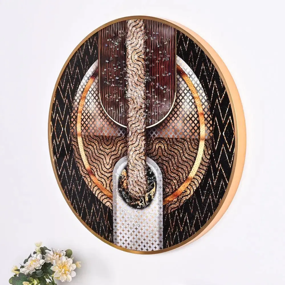 Elite Abstract Circular Crystal Glass Art Wall Painting- Golden Frame