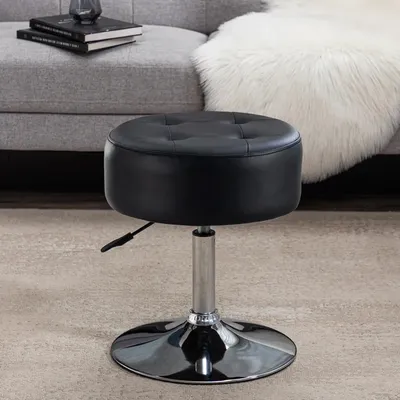 Elite Black Leatherette Vanity Stool with Round Metal Stand