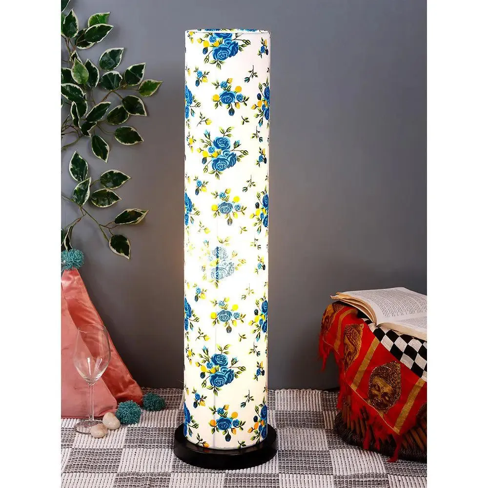 Elite Round Blue Floral Floor Lamp with Sleek Iron Base