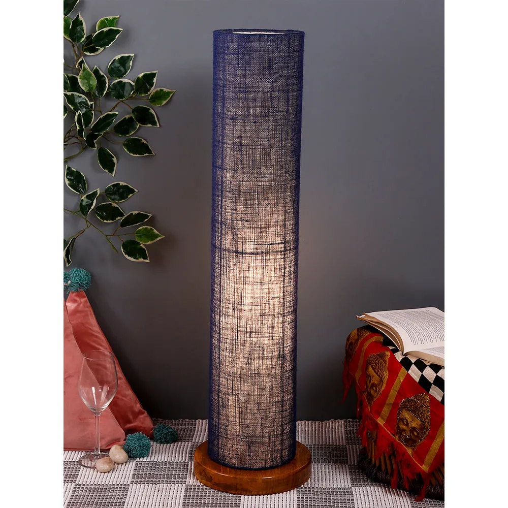 Elite Round Jute Shade Floor Lamp with Sleek Wood Base Blue