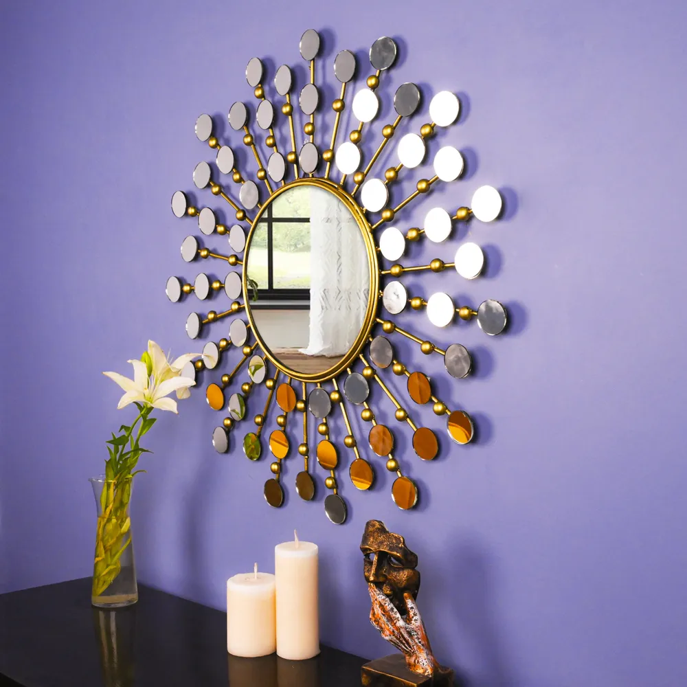 Embellished Edgy Golden Round Mirror Wall Decor
