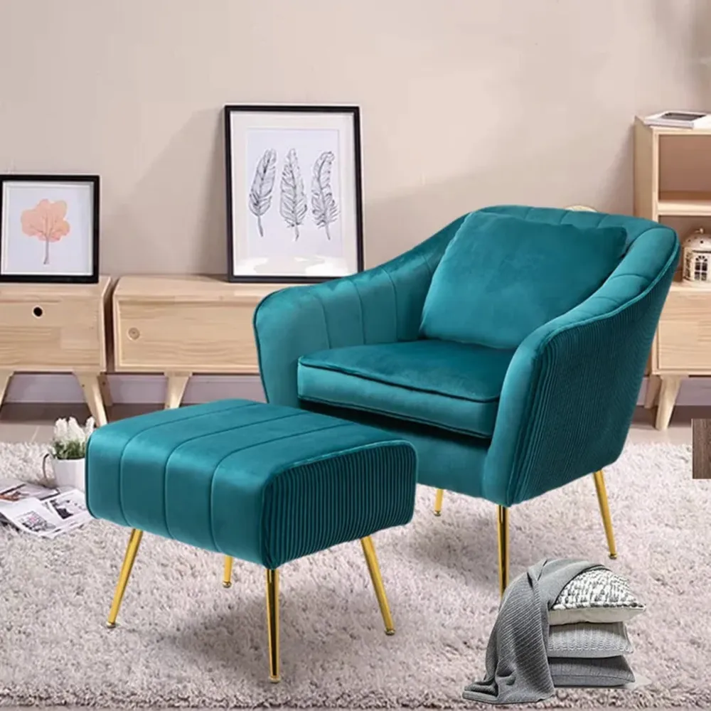 Emerald Fluffy Super Comfy Velvet Lounge Chair With Ottoman Single Piece