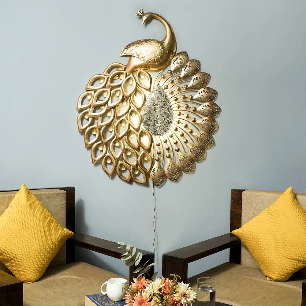 Enamouring Golden Peacock Metal Wall Art With LED