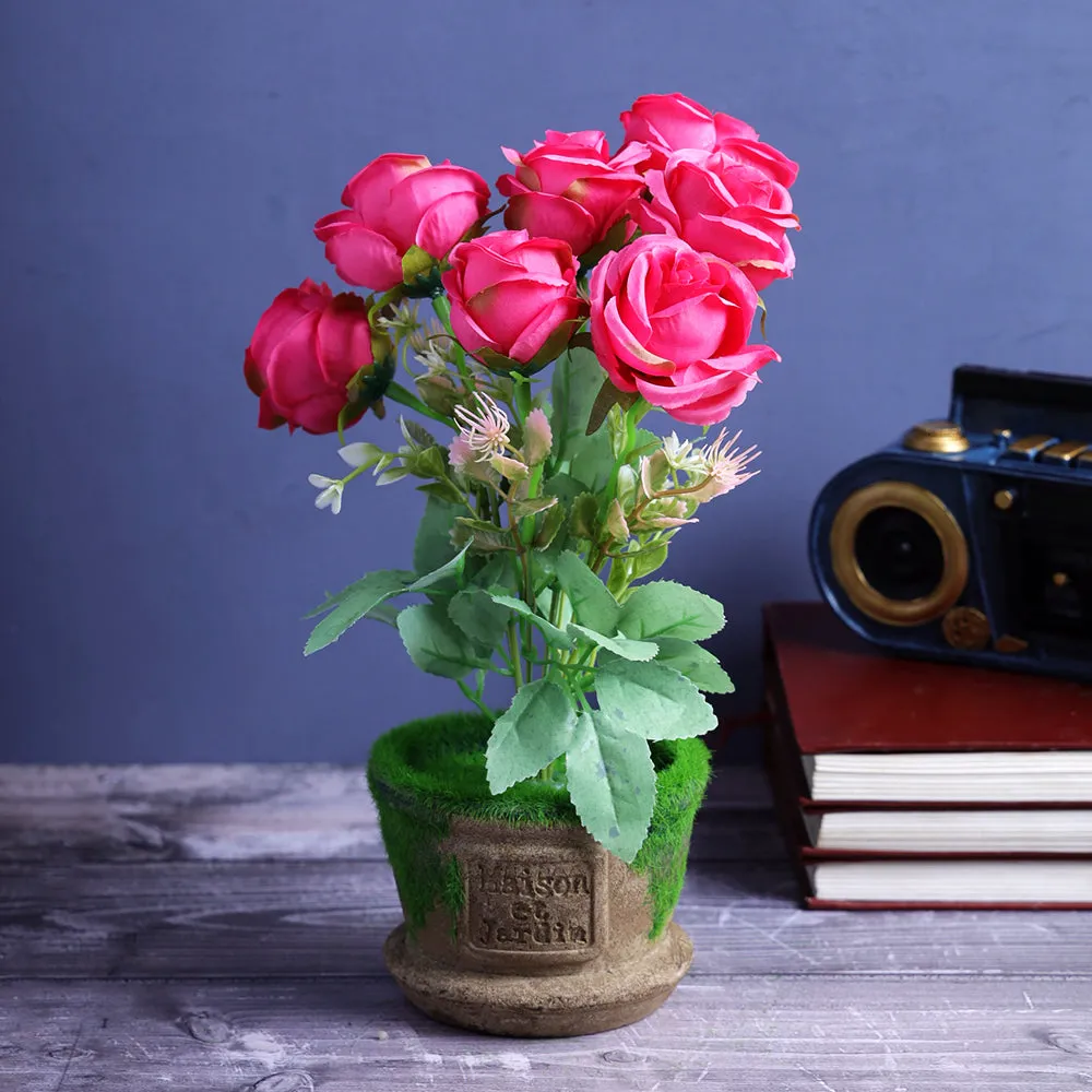 Encarved Resin Decorative Flower Pot With Pink Flower