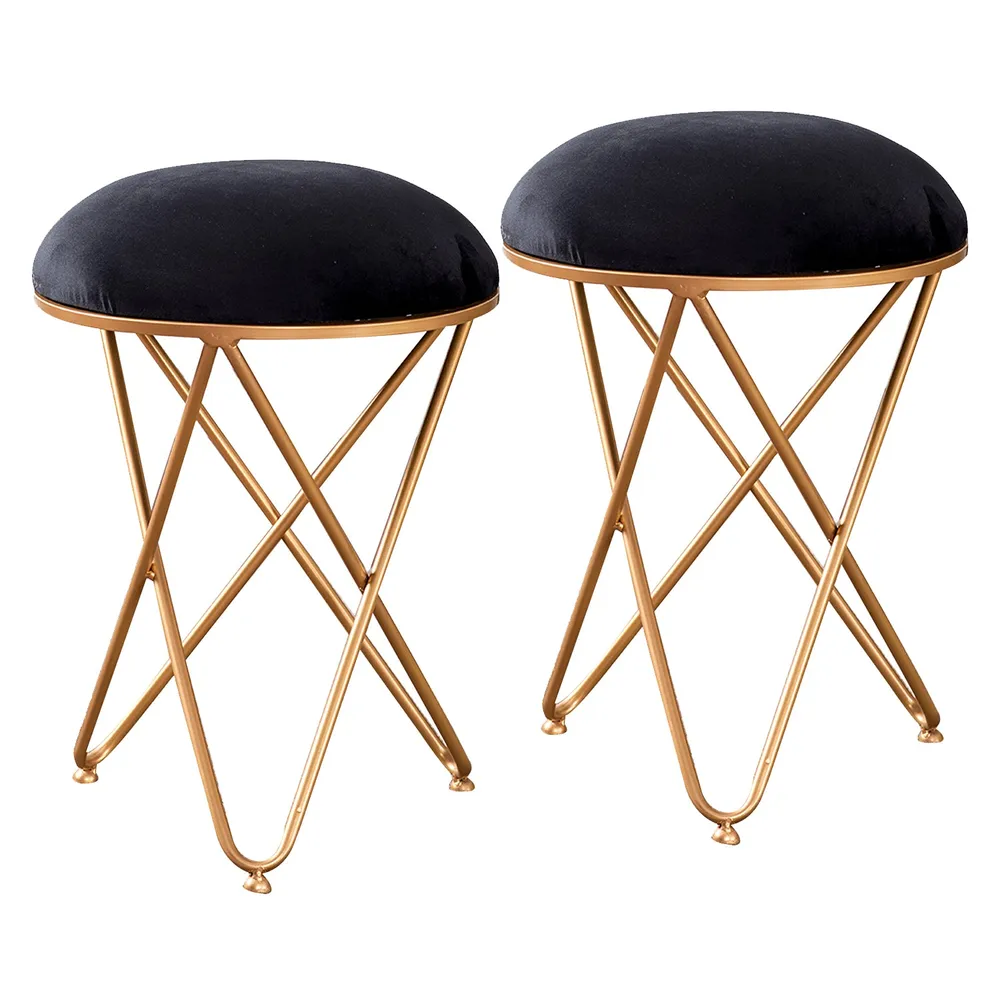 Enchanting Black Solid Velvet Metal Ottoman Stool Set Of 2