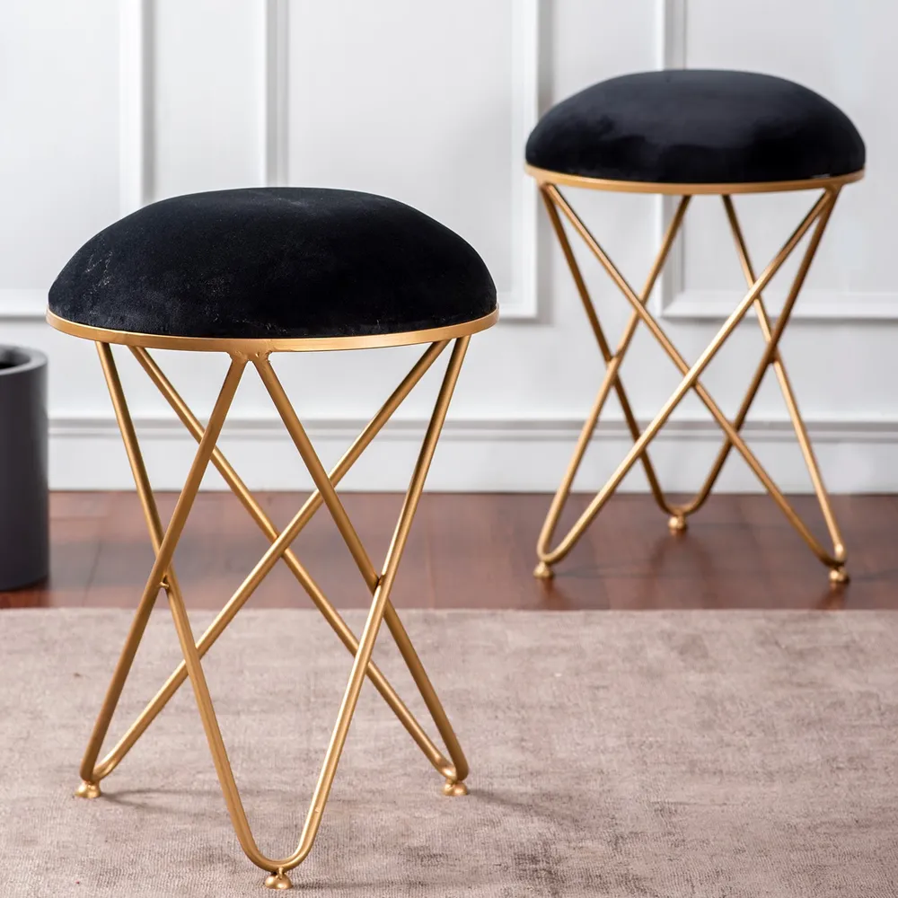 Enchanting Black Solid Velvet Metal Ottoman Stool Set Of 2