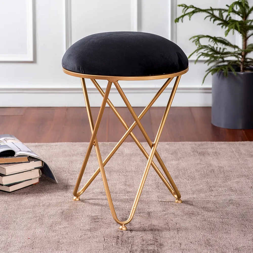 Enchanting Black Solid Velvety Metal Ottoman Stool