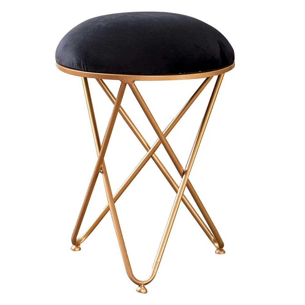 Enchanting Black Solid Velvety Metal Ottoman Stool