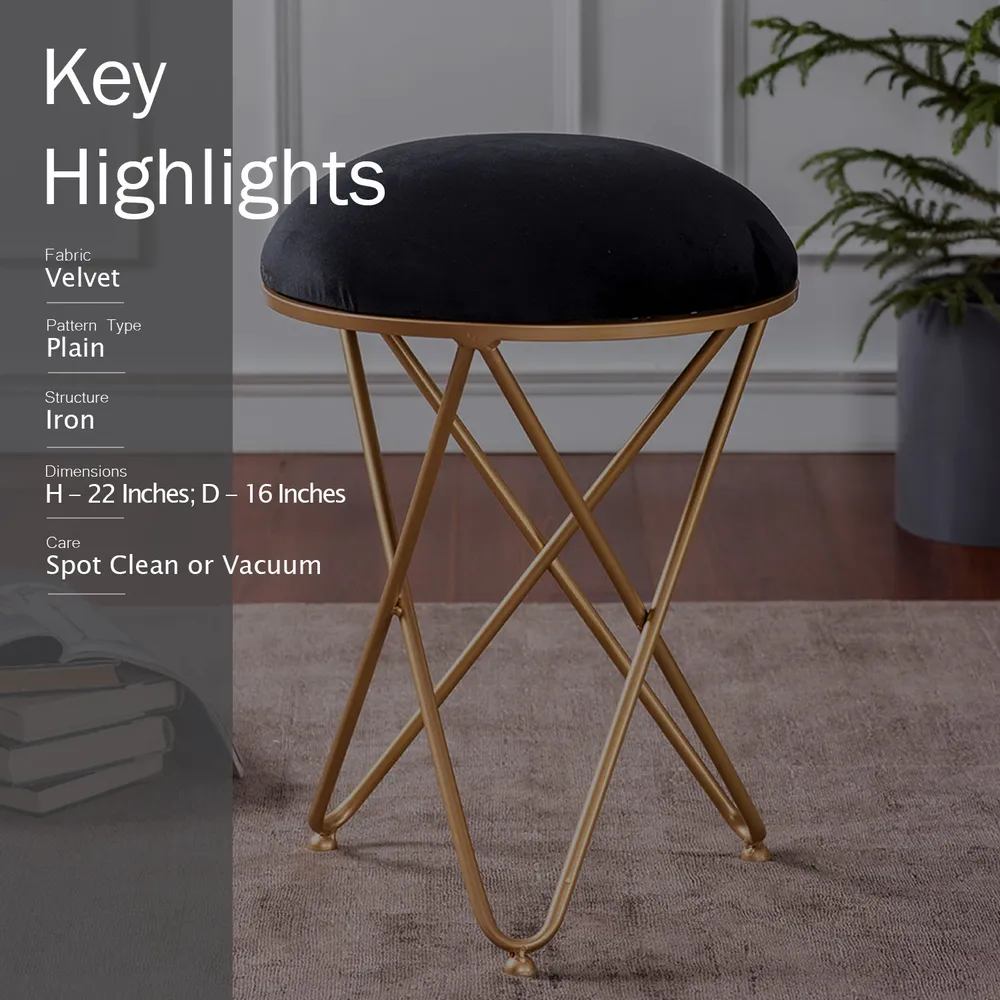 Enchanting Black Solid Velvety Metal Ottoman Stool