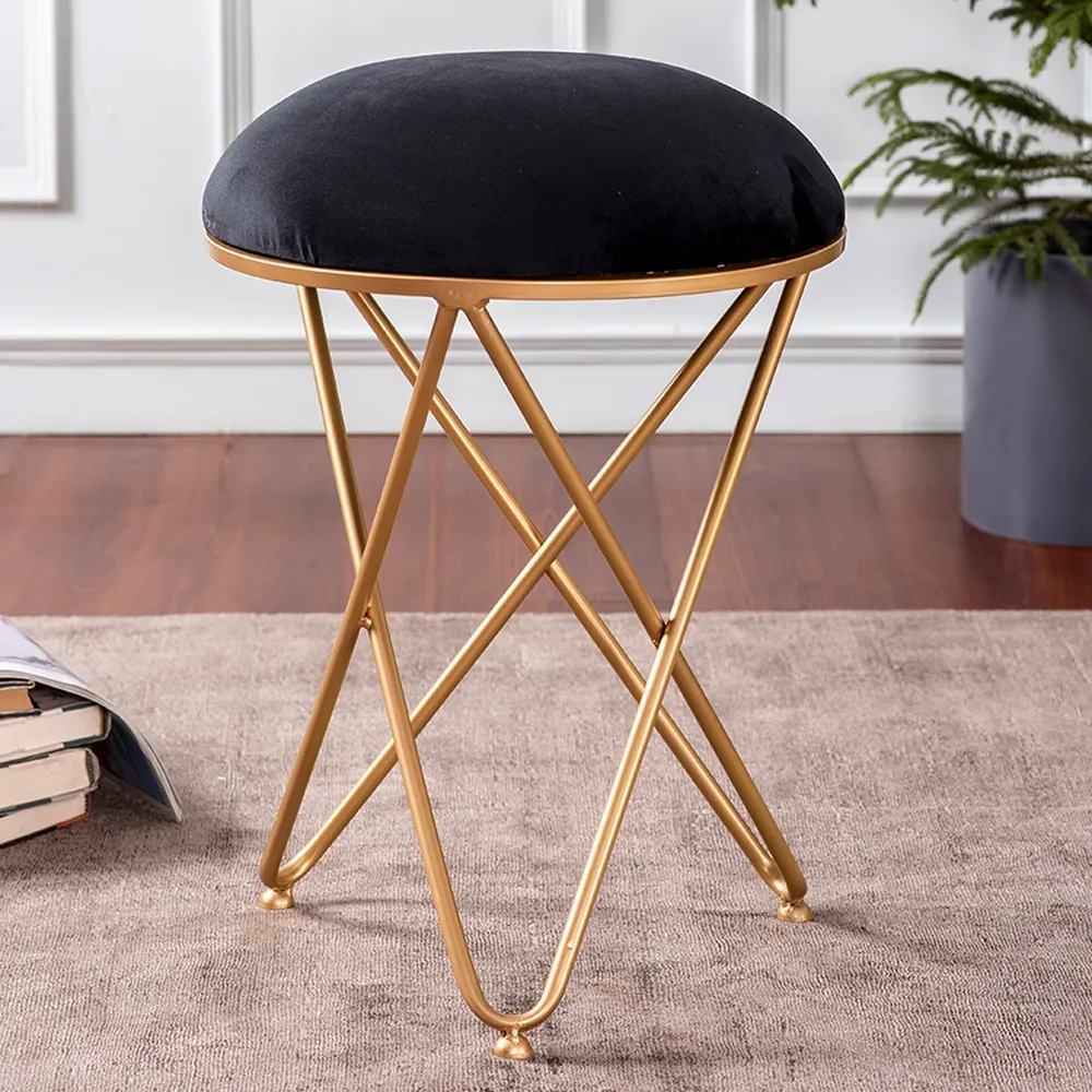 Enchanting Black Solid Velvety Metal Ottoman Stool
