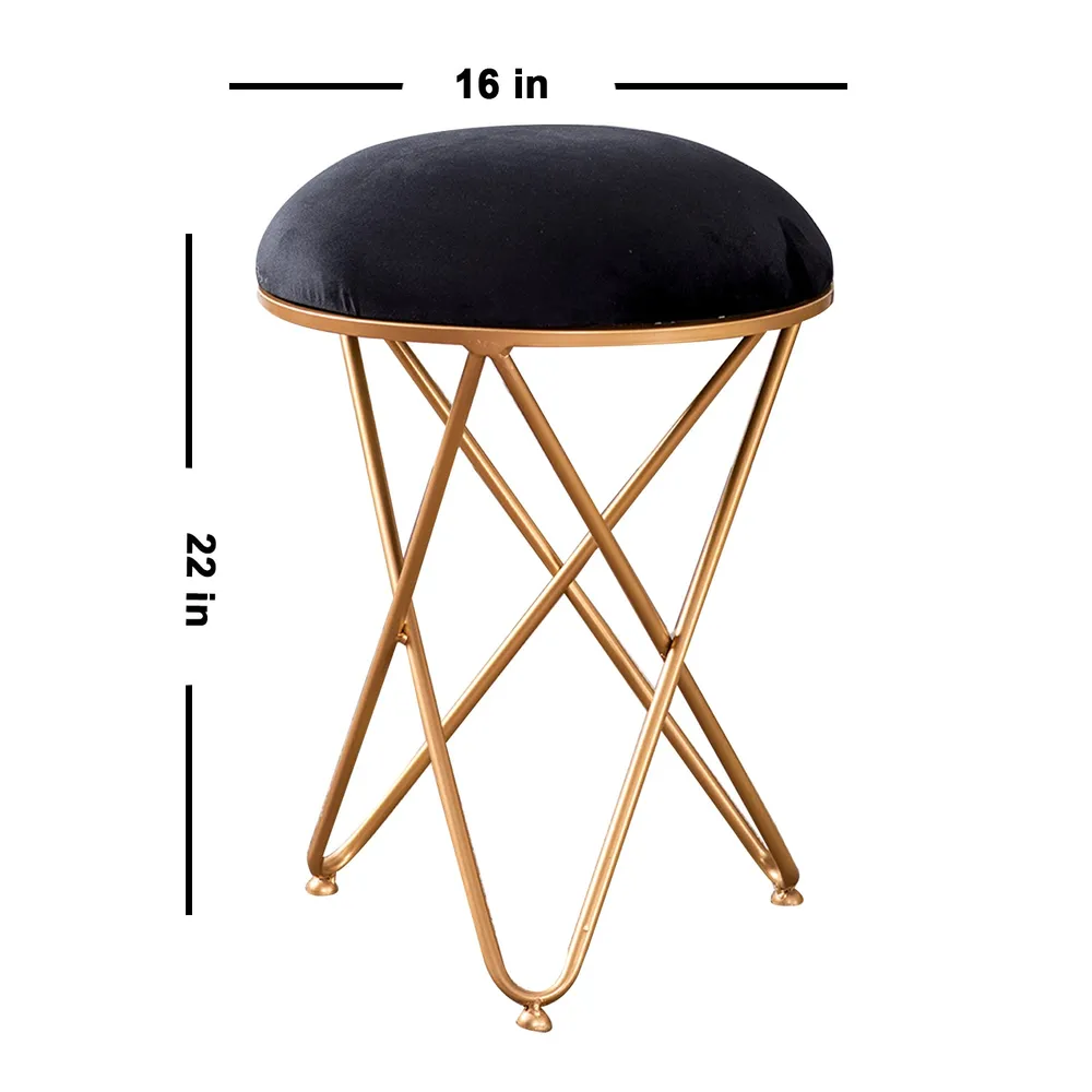 Enchanting Black Solid Velvety Metal Ottoman Stool
