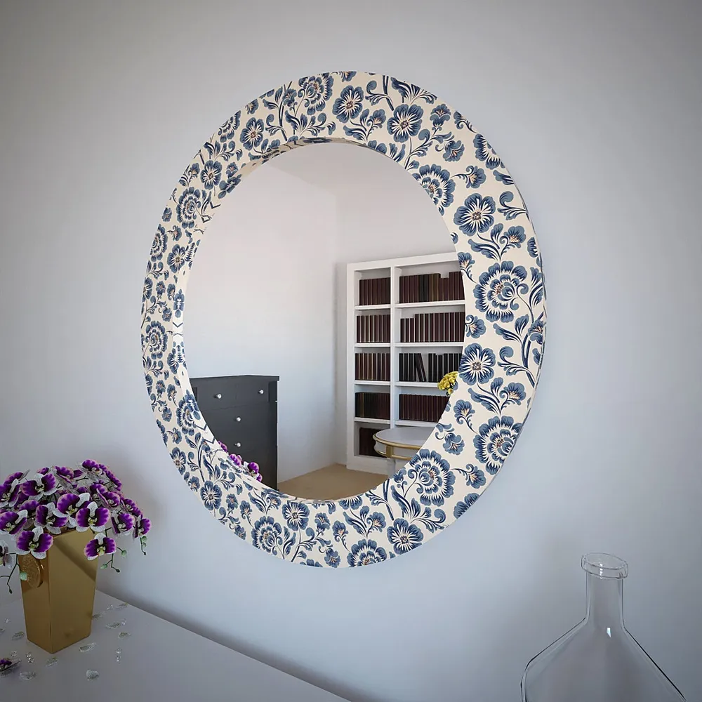 Enchanting Blue Flowers Round Printed Mirror