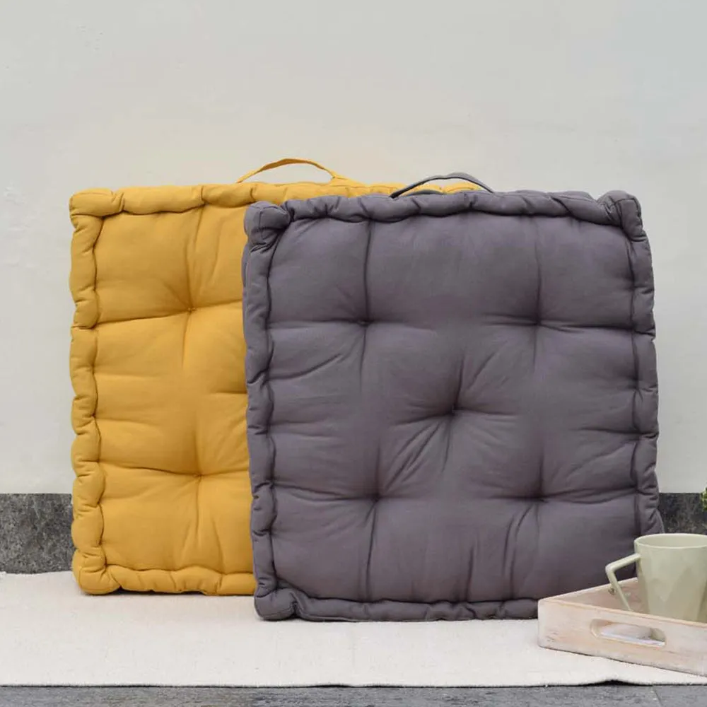Enchanting Box Squared Yellow and Grey Plush Cotton Matlas Floor Cushion With Handle Set Of 2