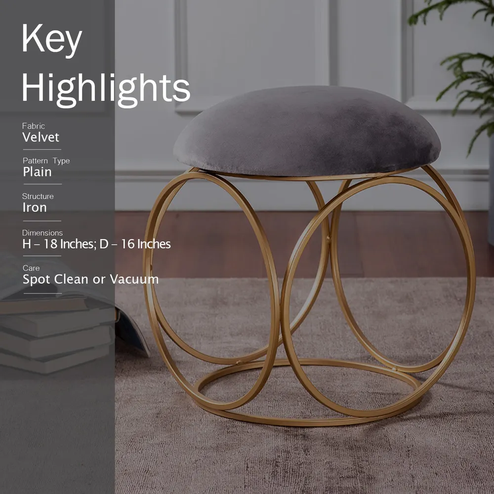 Enchanting Grey Solid Velvet Metal Ottoman Stool