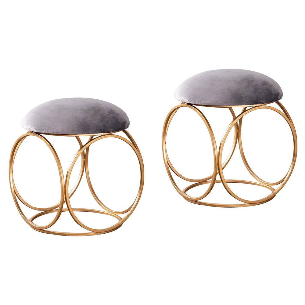 Enchanting Grey Solid Velvet Metal Ottoman Stool