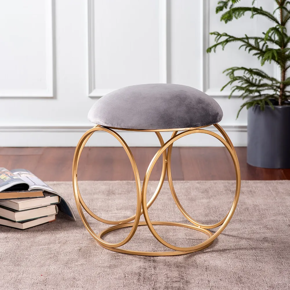 Enchanting Grey Solid Velvet Metal Ottoman Stool