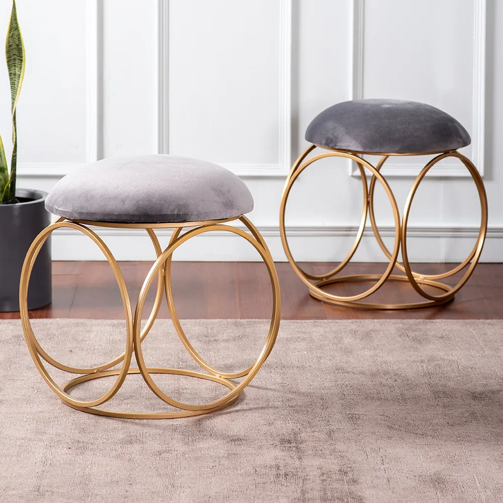 Enchanting Grey Solid Velvet Metal Ottoman Stool